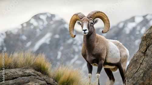 Desert Bighorn Sheep Ram in Snowy Landscape 