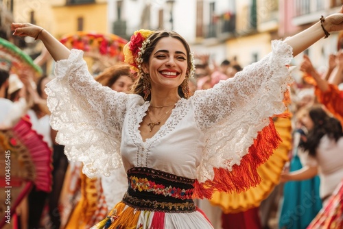 A woman in a white dress is smiling and dancing in front of a crowd. The scene is lively and energetic, with people of all ages participating in the festivities. The woman's outfit is colorful