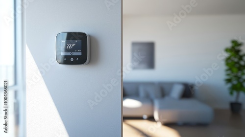 Modern smart thermostat on a wall in a minimalistic living room interior