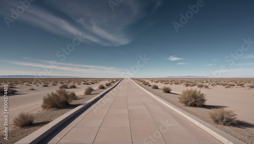 Long paved walkway in middle of desert leading to nowhere with few shrubs on side of the path.