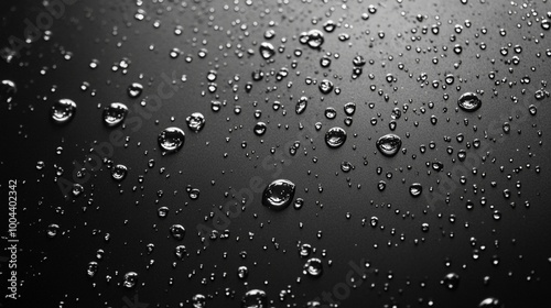 Mesmerizing monochrome macro of water droplets scattered across a dark surface, creating a captivating contrast of light and shadow in intricate detail.