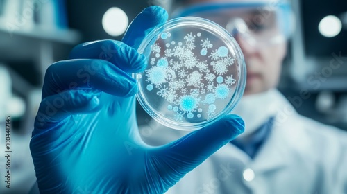 A doctor holds and examines a petri dish with a bacterial culture. A petri dish full of microbes and microorganisms