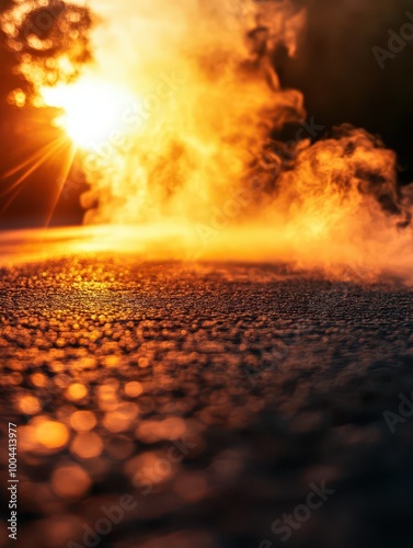 Heat haze rising from a hot asphalt road, extreme weather, scorching heat