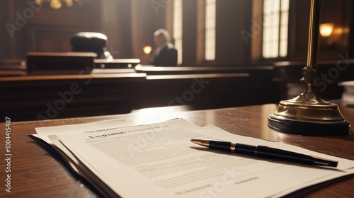 Legal Documents on Table with Pen in Courthouse Setting