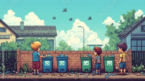 Cuatro niños pequeños reciclan materiales en contenedores verdes bajo un cielo despejado en un barrio residencial. La ilustración muestra el compromiso de los más jóvenes con la protección del medio a