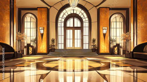 Luxury art deco stage , interior of hotel hall, architecture, style. Deco Art. Illustration