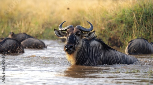 A wildebeest wades through a tranquil river while others relax nearby in a lush, sunlit savanna setting during late afternoon