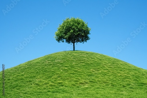 Isolated tree sits atop perfectly green hill under a cloudless blue sky, minimalist and bright landscape captures sense freedom and simplicity, with the vivid colors standing out.