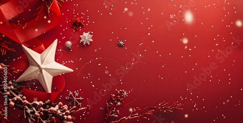 Red Christmas Background with Star and Snowflakes