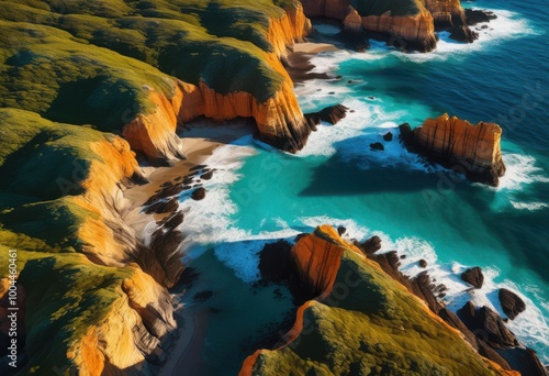 breathtaking aerial view vibrant coastal rock formations displaying rich color variations unique textures, landscape, ocean, coastline, cliff, shore, marine