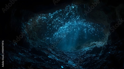 32. A dark cave illuminated by bioluminescent insects