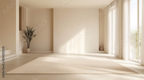 A minimalist living room featuring a single beige rug in the center of the room. The surrounding area is completely empty, emphasizing clean, open floor space and natural light