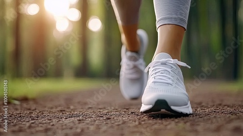 A woman enjoys a fitness walk on a dirt path, showcasing her running shoes. The close-up perspective highlights her active lifestyle in a natural outdoor setting