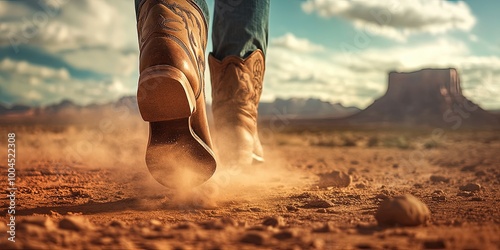 Cowboy boots kicking up dust in southwestern desert landscape.