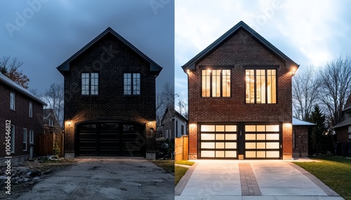 A dark, outdated brick house before renovation, transformed into a luxury home with sleek stucco, elegant glass windows, and bright exterior lighting after renovation.