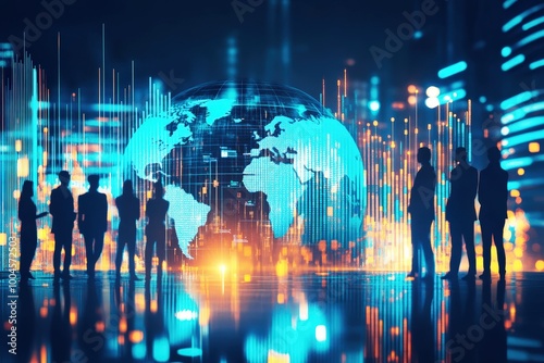 Global Connections: A diverse group of business professionals stand united against a backdrop of a glowing digital globe, symbolizing their global reach and interconnectedness. 