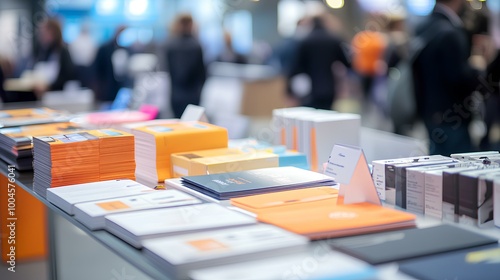 A display of colorful stationery and promotional materials at a busy event, featuring notebooks, cards, and various office supplies.