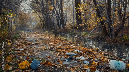 Autumn park struggling with pollution trash interfering with nature s beauty and urban challenges