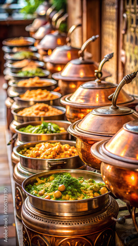 Close up of a wedding reception buffet with traditional Rajasthani food that was served in a copper chafing dish. At a wedding venue, a row of antique style dishes. Generative AI