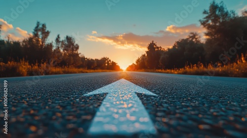 Low angle photography of a white arrow on the asphalt road during the sunset. Straight ahead way concept, path to success direction, business career future guidance, journey to the destination