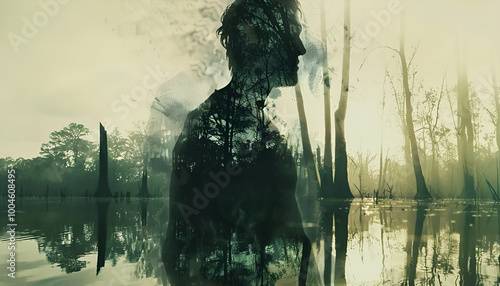 Double exposure zombie and trees in the swamp. Horror Scene. Halloween