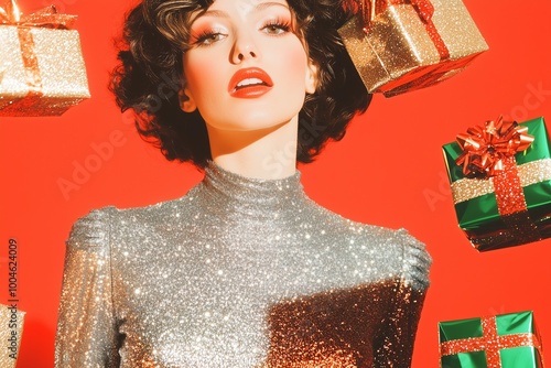 dynamic and playful scene featuring a portrait of a woman in a glitter dress and several holiday gifts flying around against a bright red wall