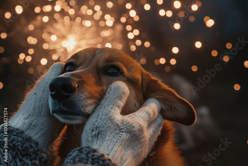 Protecting the scared dog from New Year's Eve fireworks by covering its ears