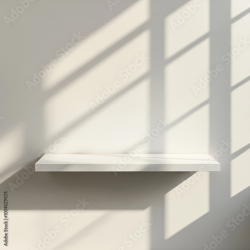 An empty, glossy white shelf floating in a clean, bright room with soft shadows and no additional objects in view