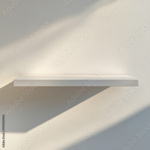 An empty, glossy white shelf floating in a clean, bright room with soft shadows and no additional objects in view