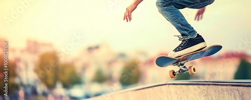 Skateboarder executing an ollie on an urban ledge, city backdrop