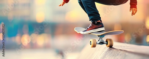 Skateboarder executing an ollie on an urban ledge, city backdrop