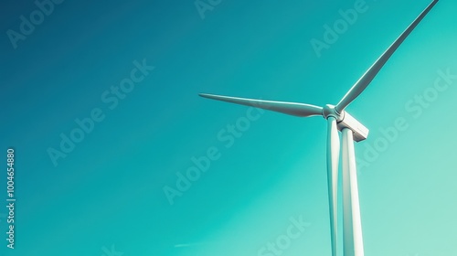 A wind turbine against a clear blue sky on a sunny day.