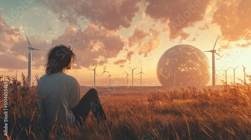 Solarpunk Aesthetics - Woman gazing at a horizon of windmills and biodomes - AI Generated