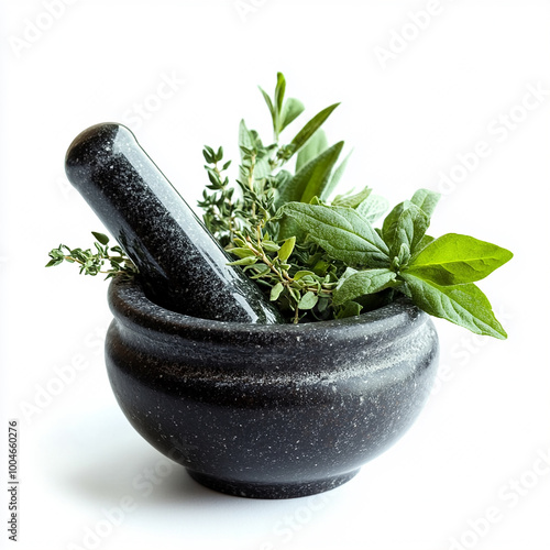 mortar and pestle with herbs