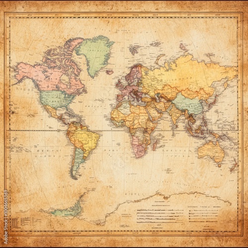 A vintage world map showcasing colorful continents and detailed borders, ideal for educational projects, travel-related content, or home decor to evoke a sense of adventure and history,