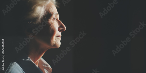 Elderly woman in profile under dramatic lighting, evoking deep thought and quiet reflection, with strong contrasts in shadow