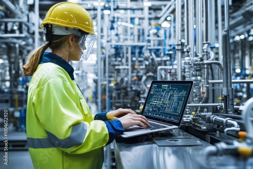 Worker in Safety Gear Using Laptop in Factory