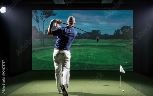 Man in golf simulator hitting a drive with a full swing