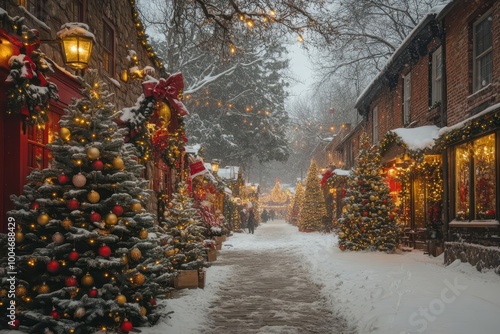 a charming winter street market scene showcasing beautifully decorated christmas trees and festive ornaments evoking a cozy holiday atmosphere with no crowds