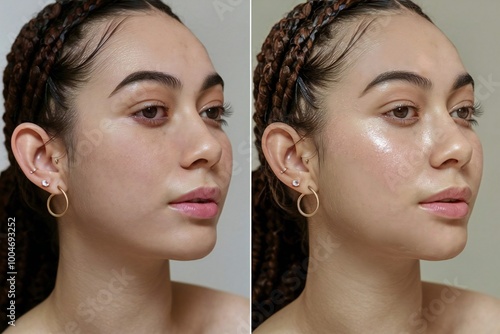 Before and after glowing skin transformation with dewy complexion 