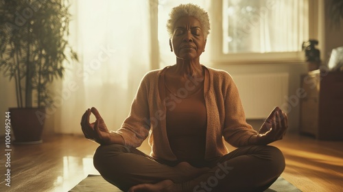 Senior black woman meditating at home. Elderly african american pensioner practicing yoga meditation in lotus position. wellness breathing exercises & pilates.