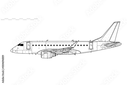 Embraer E-170. Vector drawing of regional passenger jet airliner. Side view. Image for illustration and infographics.