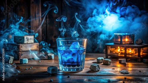 Spooky misty atmosphere surrounds an abandoned old-fashioned glass filled with eerie glowing blue liquid and floating ice cubes on a creepy wooden bar table.