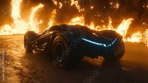 In a dramatic setting, a futuristic vehicle races through an inferno, its sleek design highlighted by bright blue lighting, creating a striking contrast against the surrounding fire