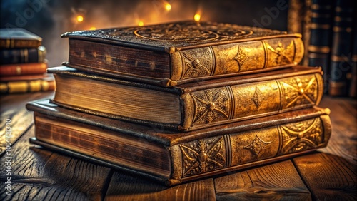 Stack of three old, worn leather-bound books with golden page edges and intricate cover designs, surrounded by scattered papers and dim lighting.