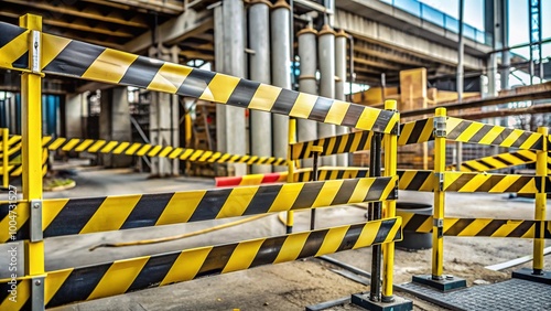 Yellow and black caution tape wrapped around a metal barrier, blocking entrance to a construction site with hazard signs and warning lights in background.