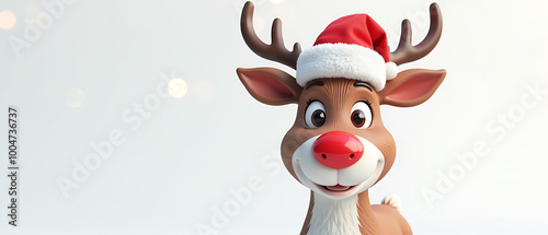 3D Illustration of reindeer with red nose and Santa hat against white backdrop