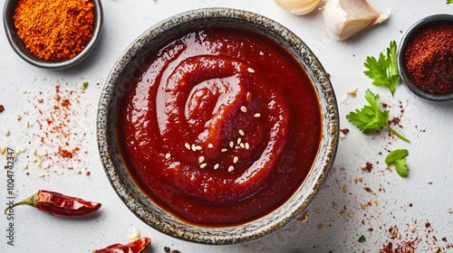 A tangy Korean gochujang sauce in a traditional bowl surrounded by chili paste, garlic, and sesame oil