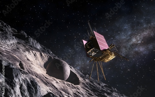 Spacecraft exploring asteroid in deep space