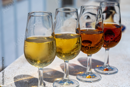 Sherry fino, manzanilla, cream wine tasting on roof of old Triana district in Sevilla with view on Sevilla houses and churches, wine glasses